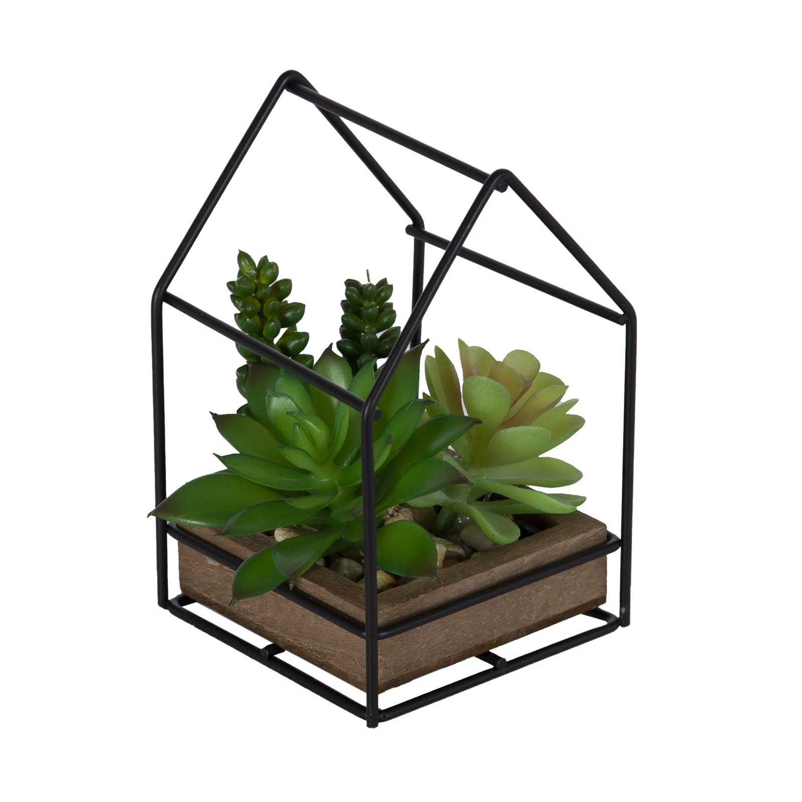 5.5″ Artificial Mixed Succulents in Black Metal House Terrarium