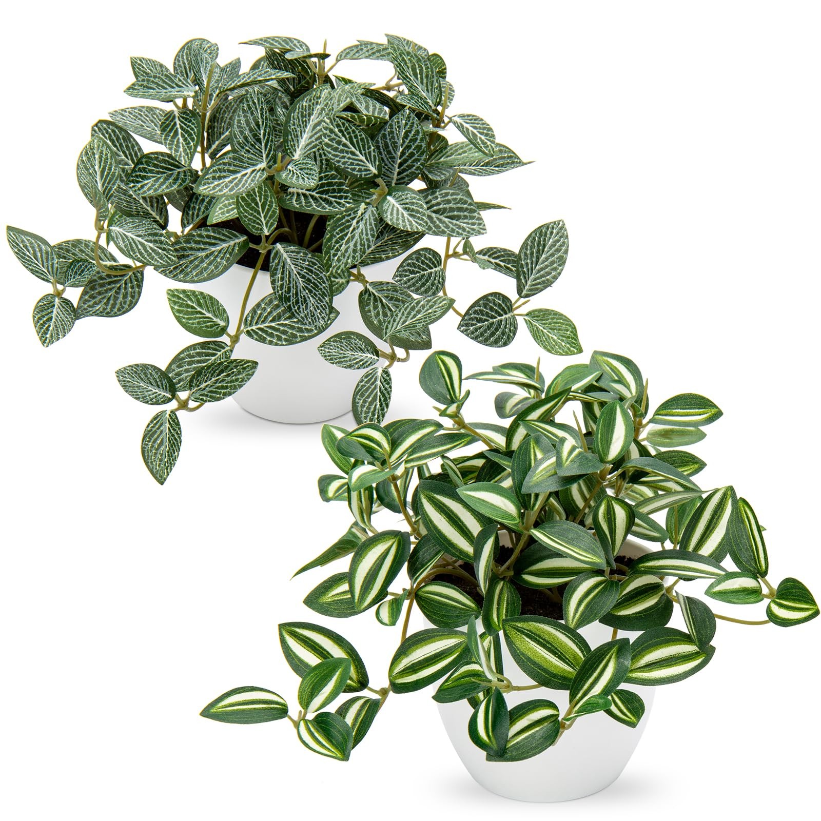 2 PCS Fake Artificial Faux Plants With White Plastic Pot Small Home Desk