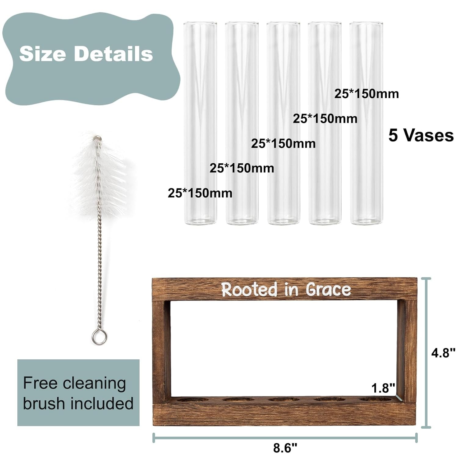 Rooted in Grace Plant Propagation Station – Wooden Stand with 5 Glass Vases, Fai
