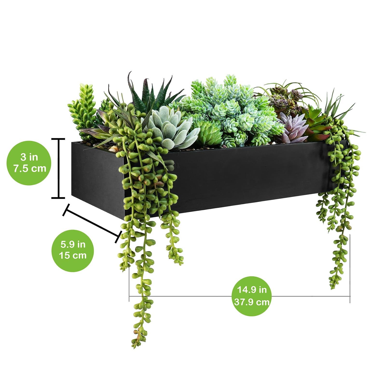 15″ Artificial Succulent Arrangement Faux Succulents in Rustic Black Rectangu…