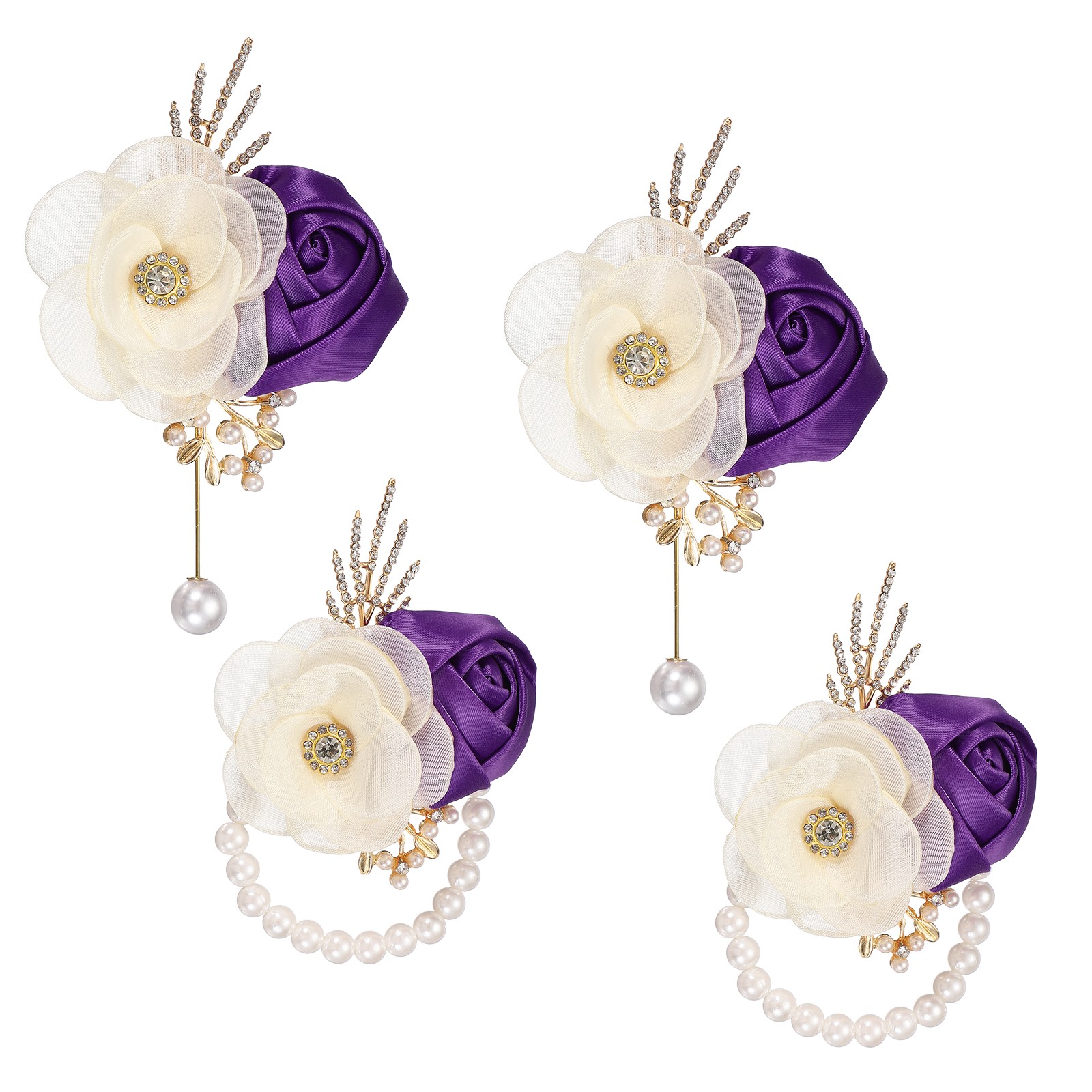 2 Sets Wrist Corsage and Boutonnieres Set for Wedding Groom Bride, Purple