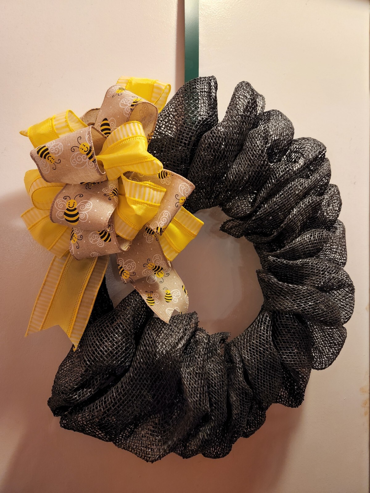16 inch Handmade Poly Deco Mesh Black Wreath with Yellow Bumble Bee Bow