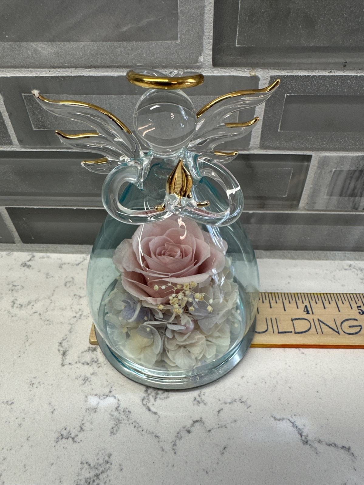 ANLUNOB Mother’s Day/Birthday Gift Glass Praying Angel w/Pink Rose Flower EUC!