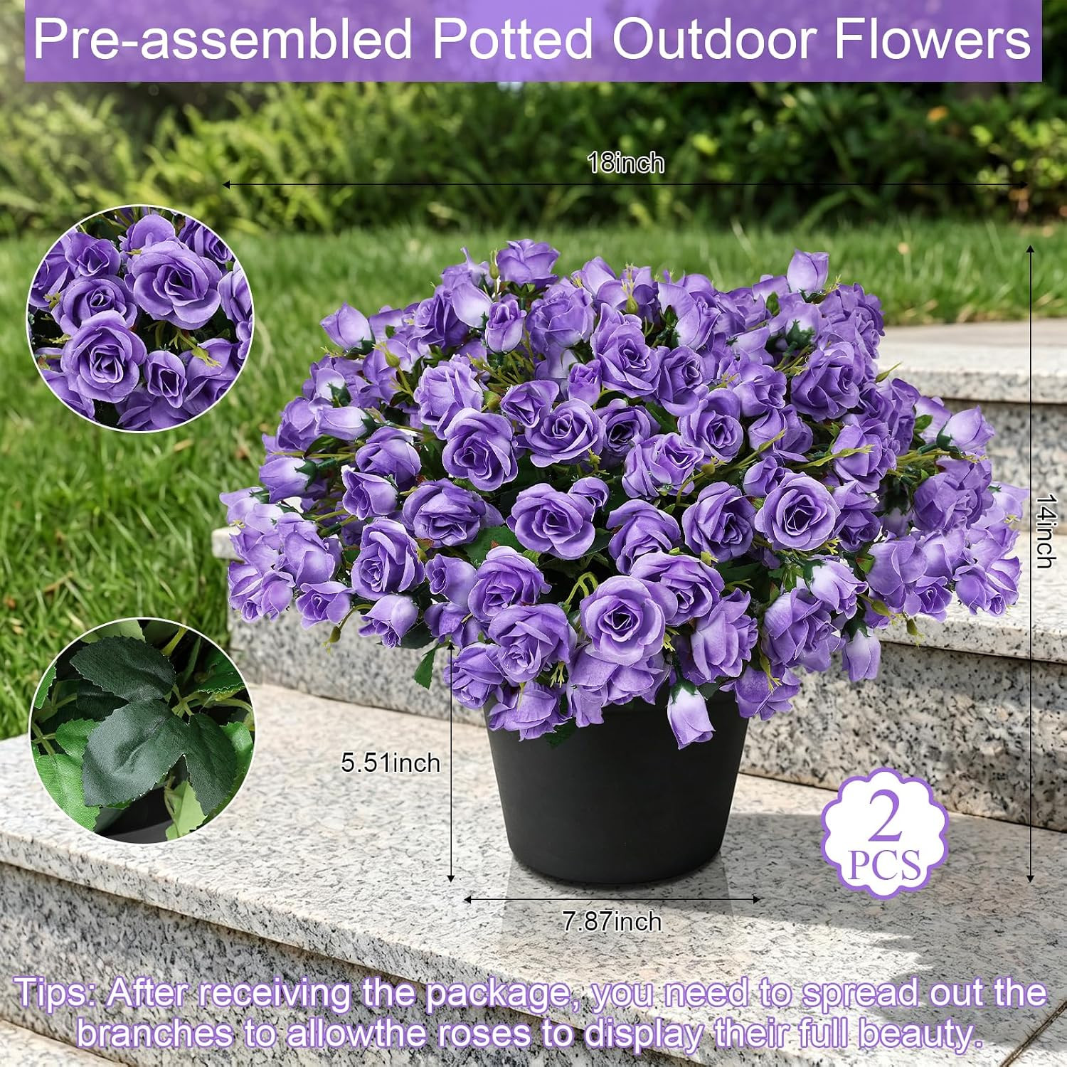 Purple Faux Roses in Pots – 2 Pack UV Resistant Outdoor Decor