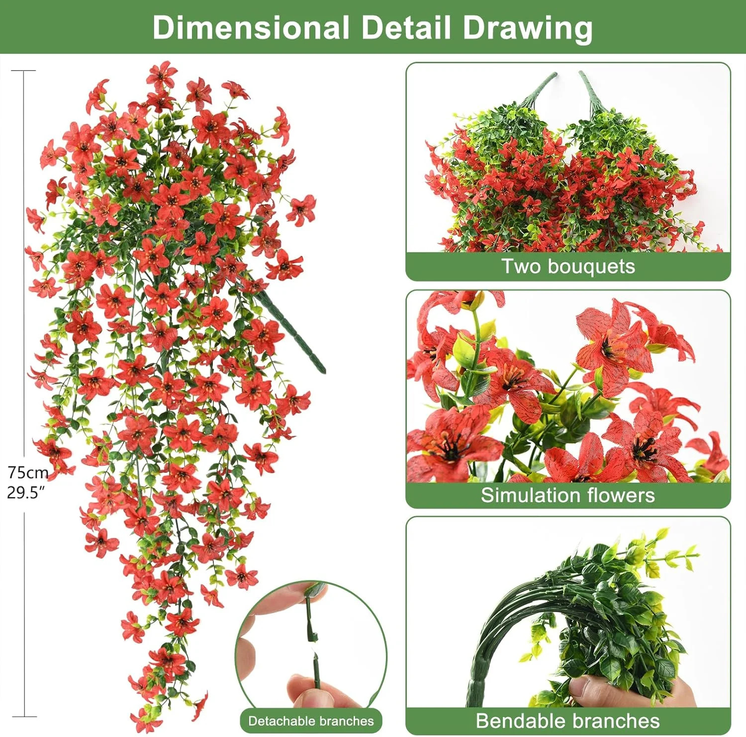 Artificial Fake Hanging Flowers Plants for Outdoor Spring Summer Decoration,2 PC