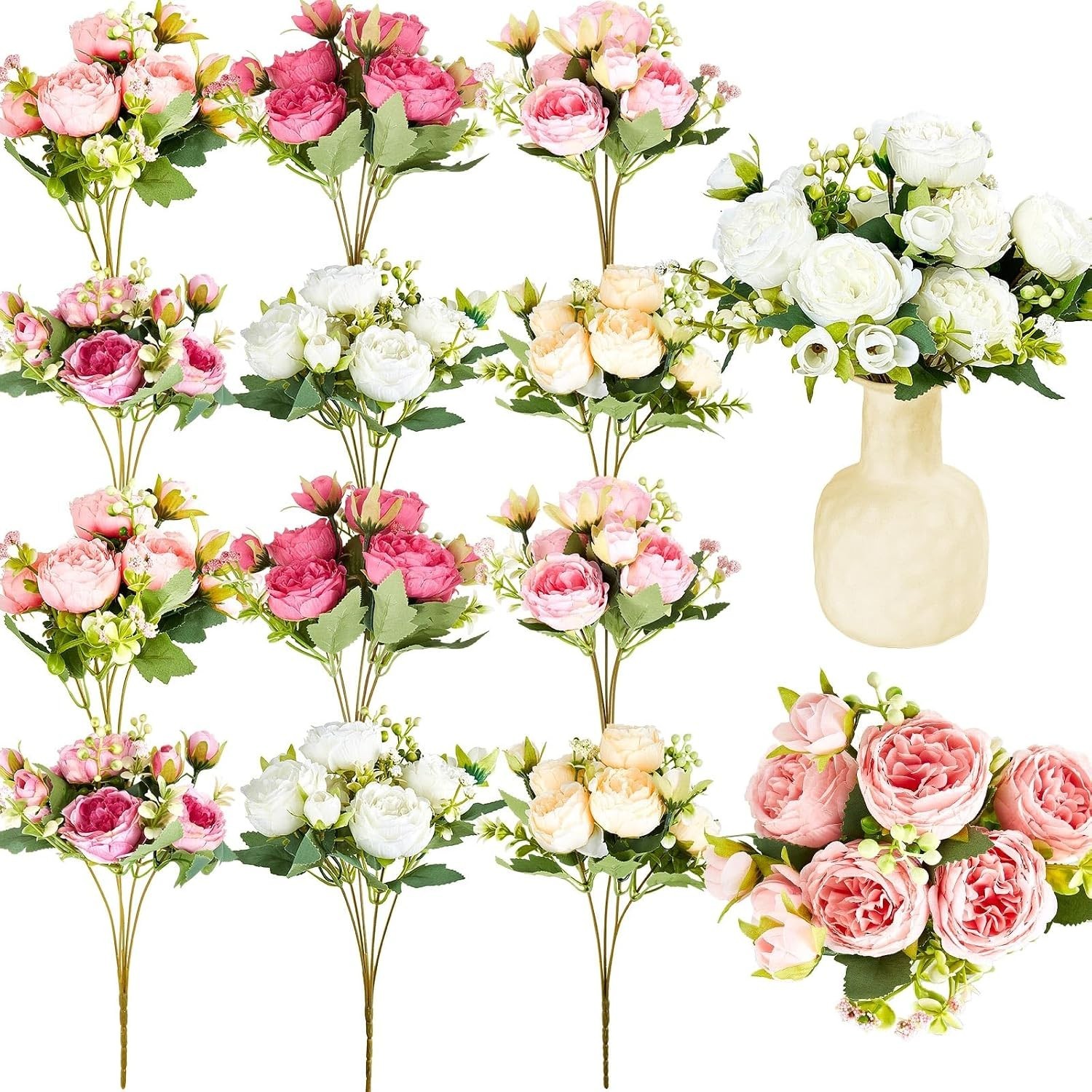 Artificial Peony Flowers, Colorful 24 Bundles | Silk Bouquet