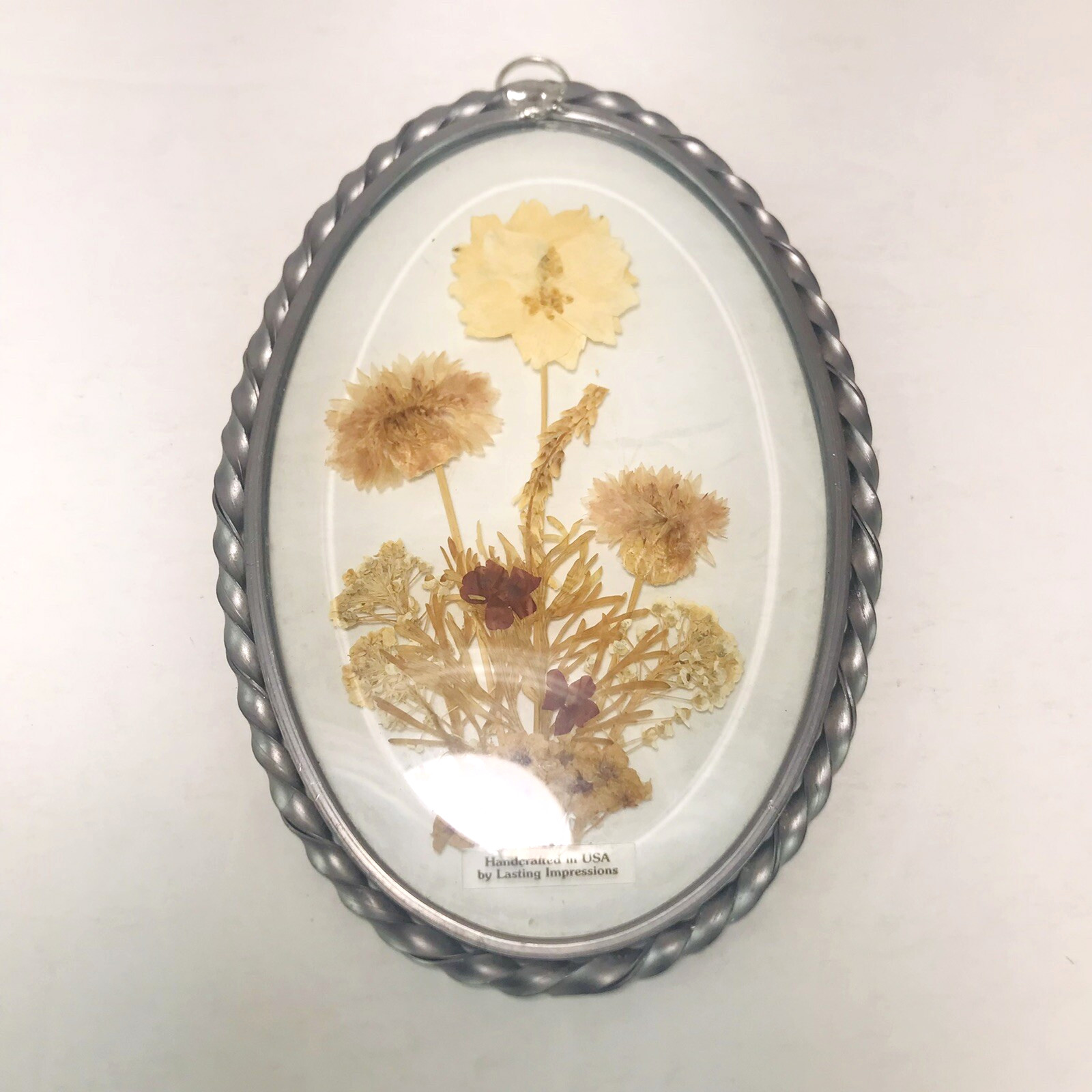 Vintage Lasting Impressions Real Dried Pressed Flowers In Glass Pewter Frame