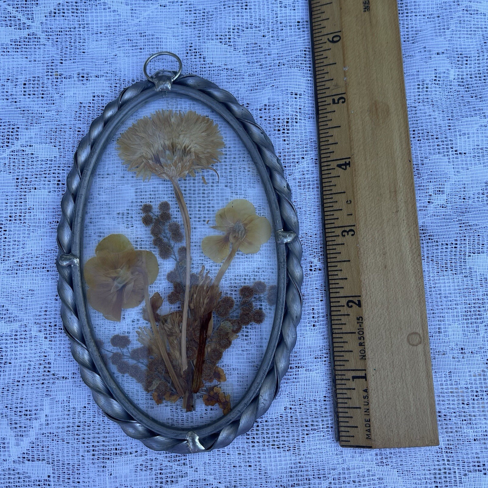 Vintage Lasting Impressions Real Dried Pressed Flowers In Glass W/ Metal Frame