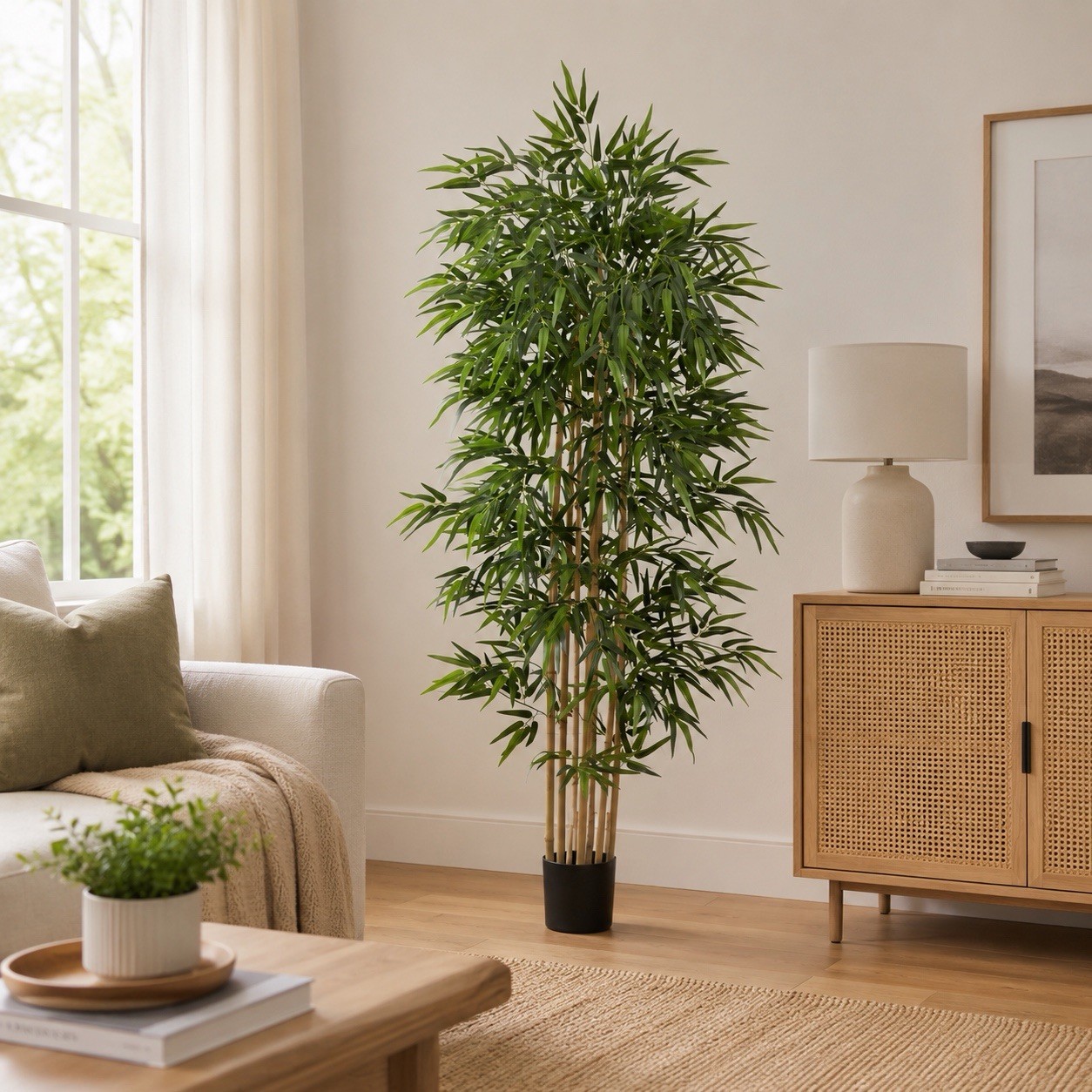 6’ Artificial Bamboo Tree in Black Pot Planter, Natural Trunks & Garden Decor