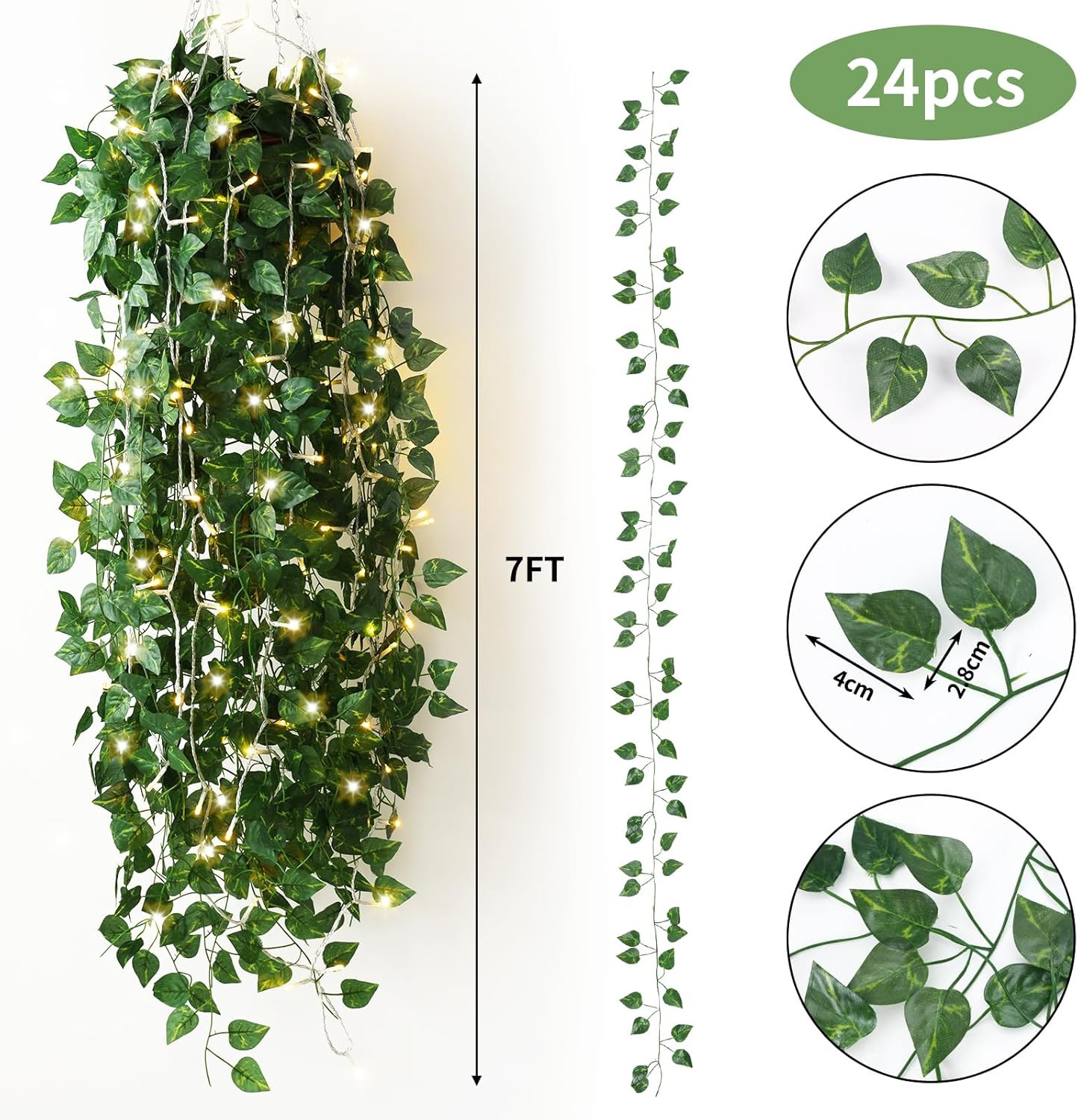 24 Pack 173Ft Fake Ivy Vines, Artificial Ivy Garland with 200 LED String Lights,
