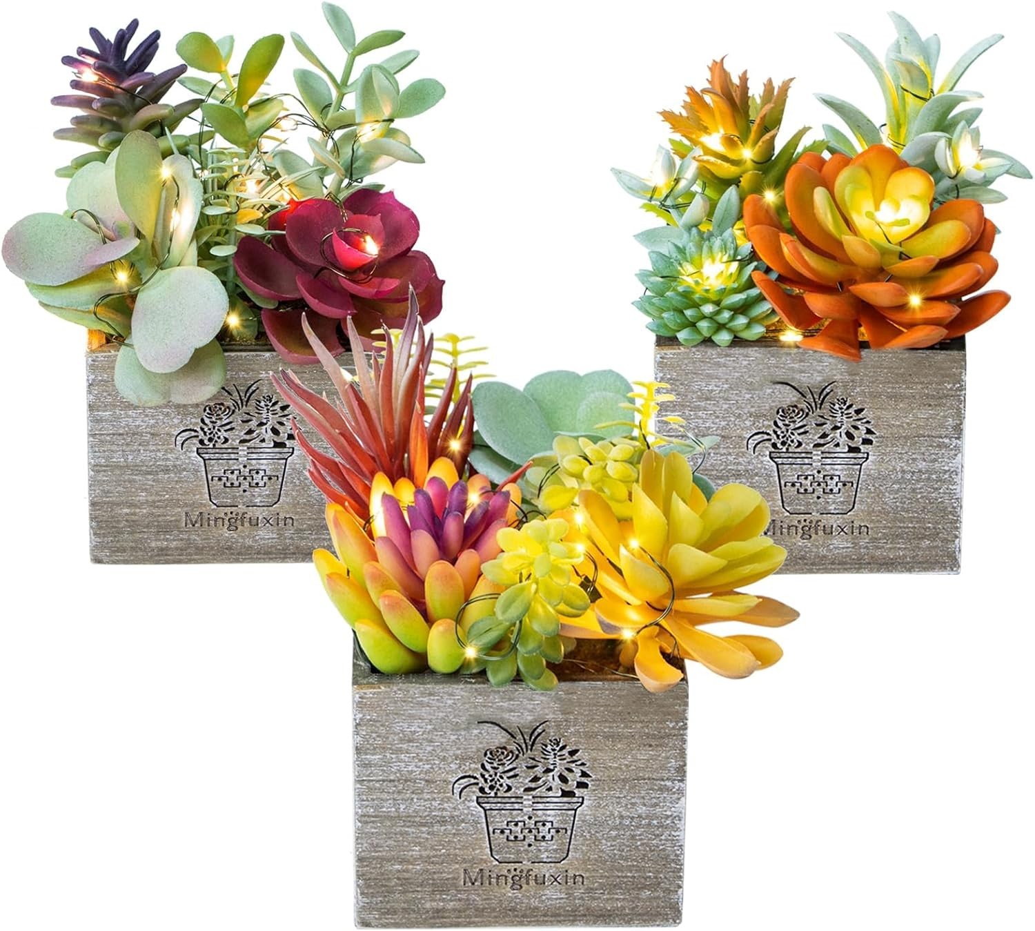 Succulent Plants Artificial, 3 Pack Small Fake Plants in Wood Pot for Home Decor
