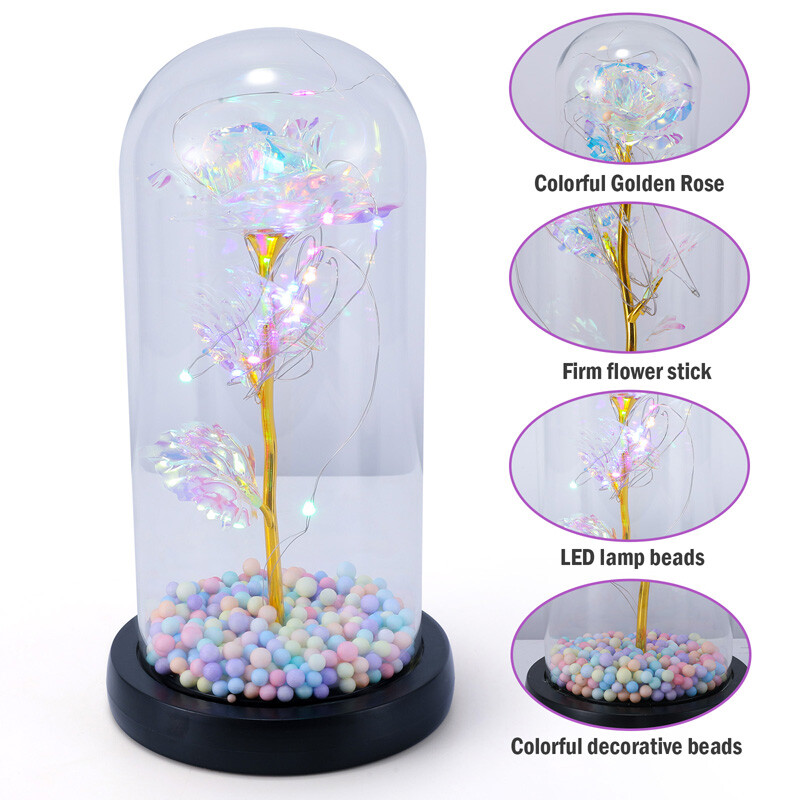 Crystal Galaxy Rose Flower Glass Dome 20 LED Lights Gift for Girlfriend Mom Wife