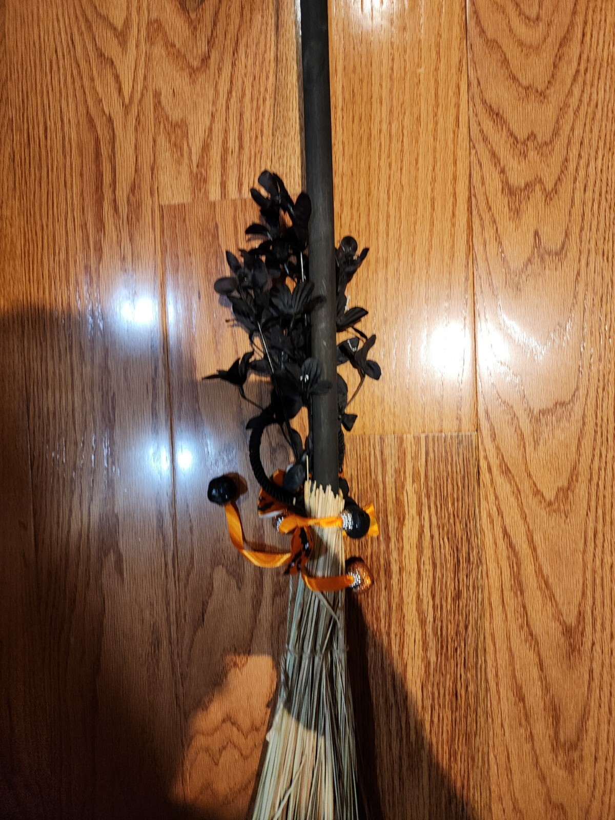 Halloween Decor Witches Broom Black Flowers Ghost Bats 42″ Long Rustic