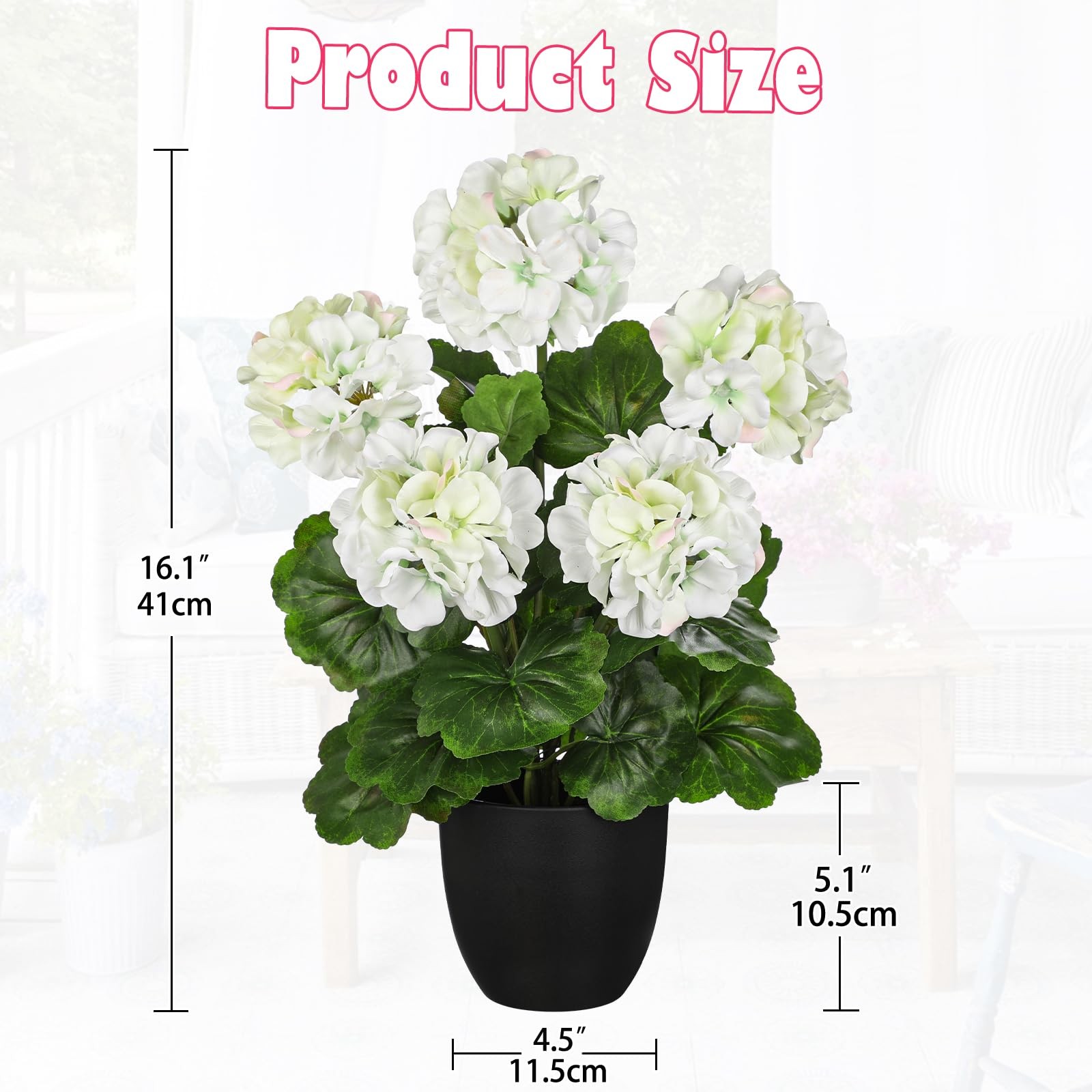 16” Geraniums Artificial Flowers Realistic Potted Plant – White Fake Geranium…