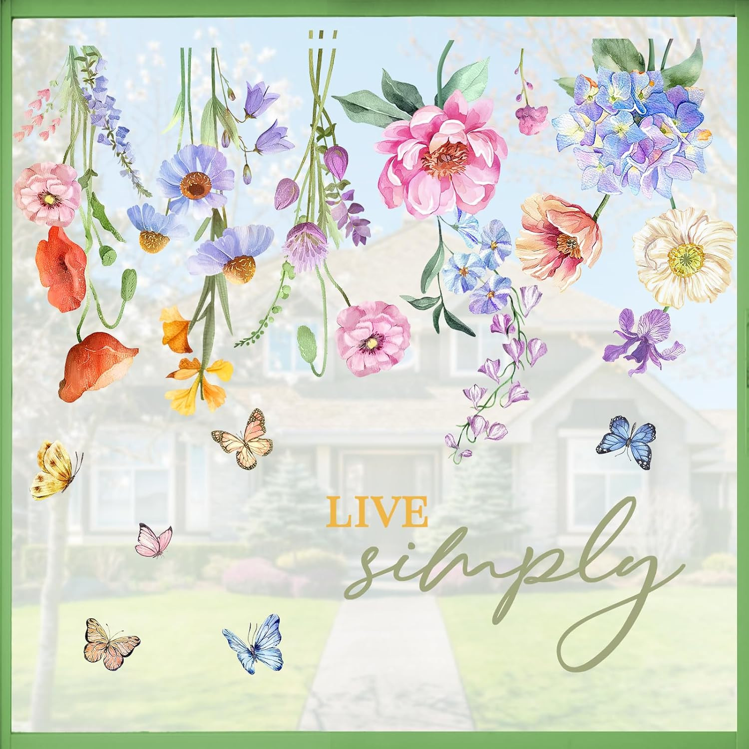 Watercolor Floral Window Clings, Live Simply Flowers Hydrangea Peony Poppy Daisy