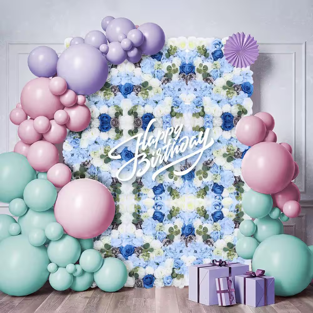 23.6 In. X 15.7 In. Blue Artificial Hydrangea Rose Flower Wall Panel Backdrop De