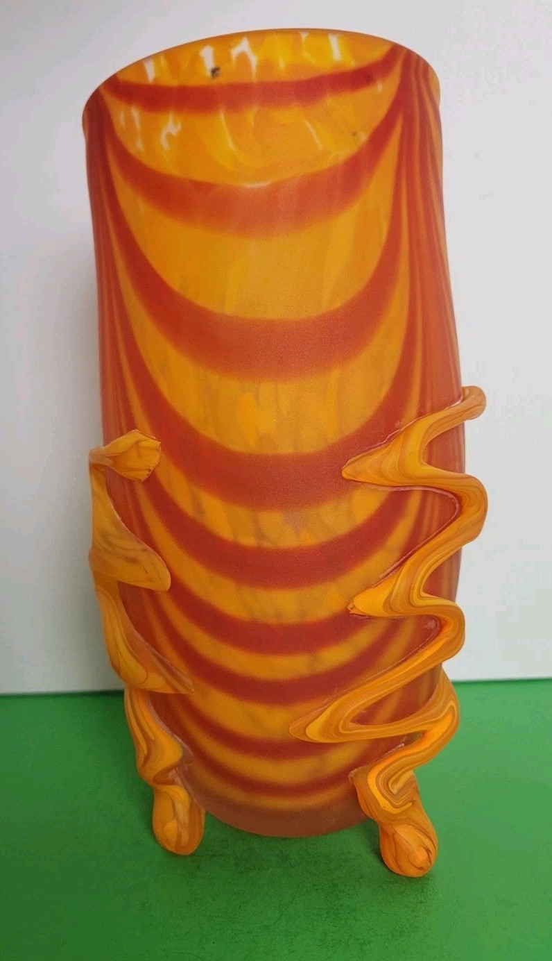 Art Glass 10.25″ x 4.5″ Vase – Orange & Red Swirled Vase With Three Feet