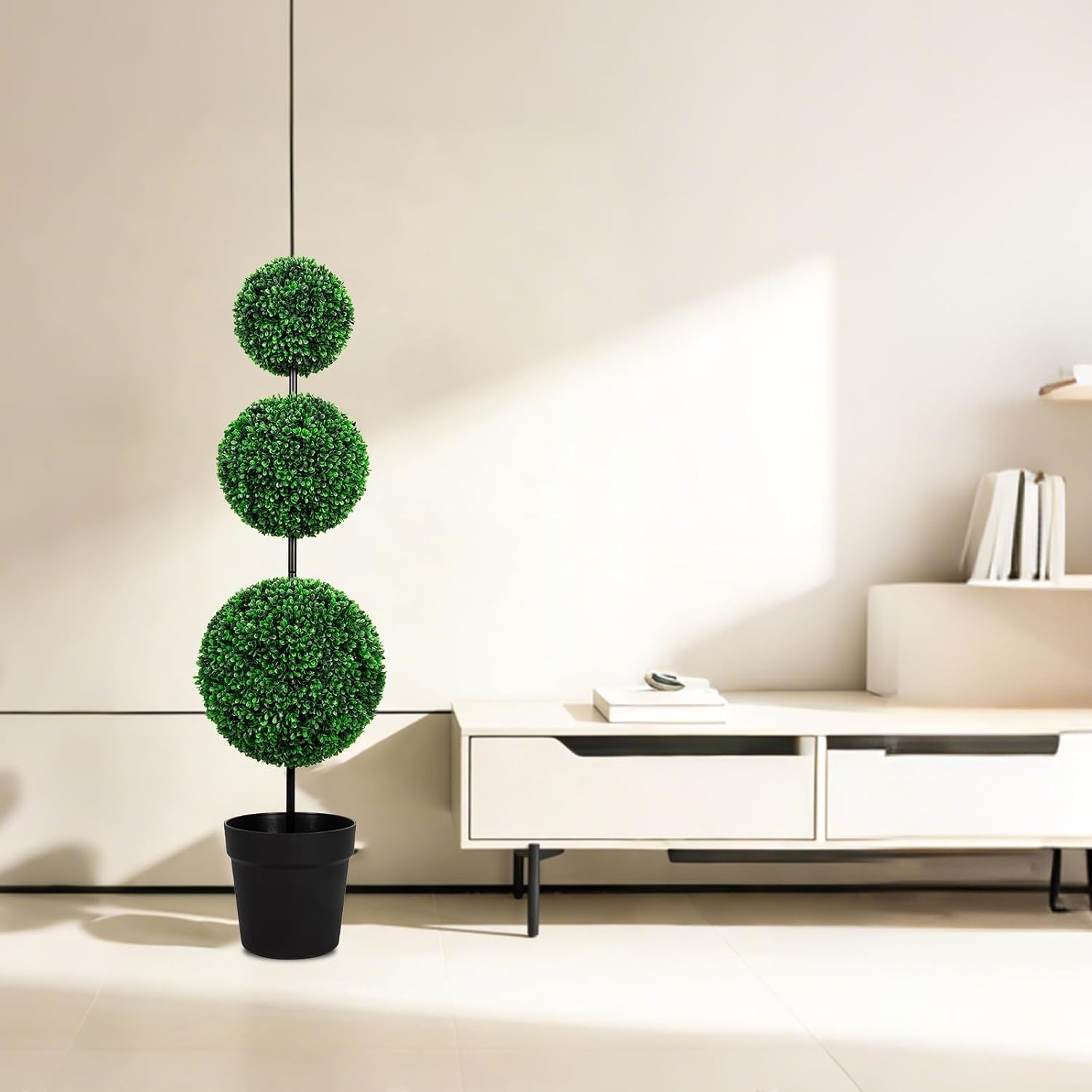 4FT Artificial Triple Ball Topiary Trees with Black Planter Pot Outdoor Indoor