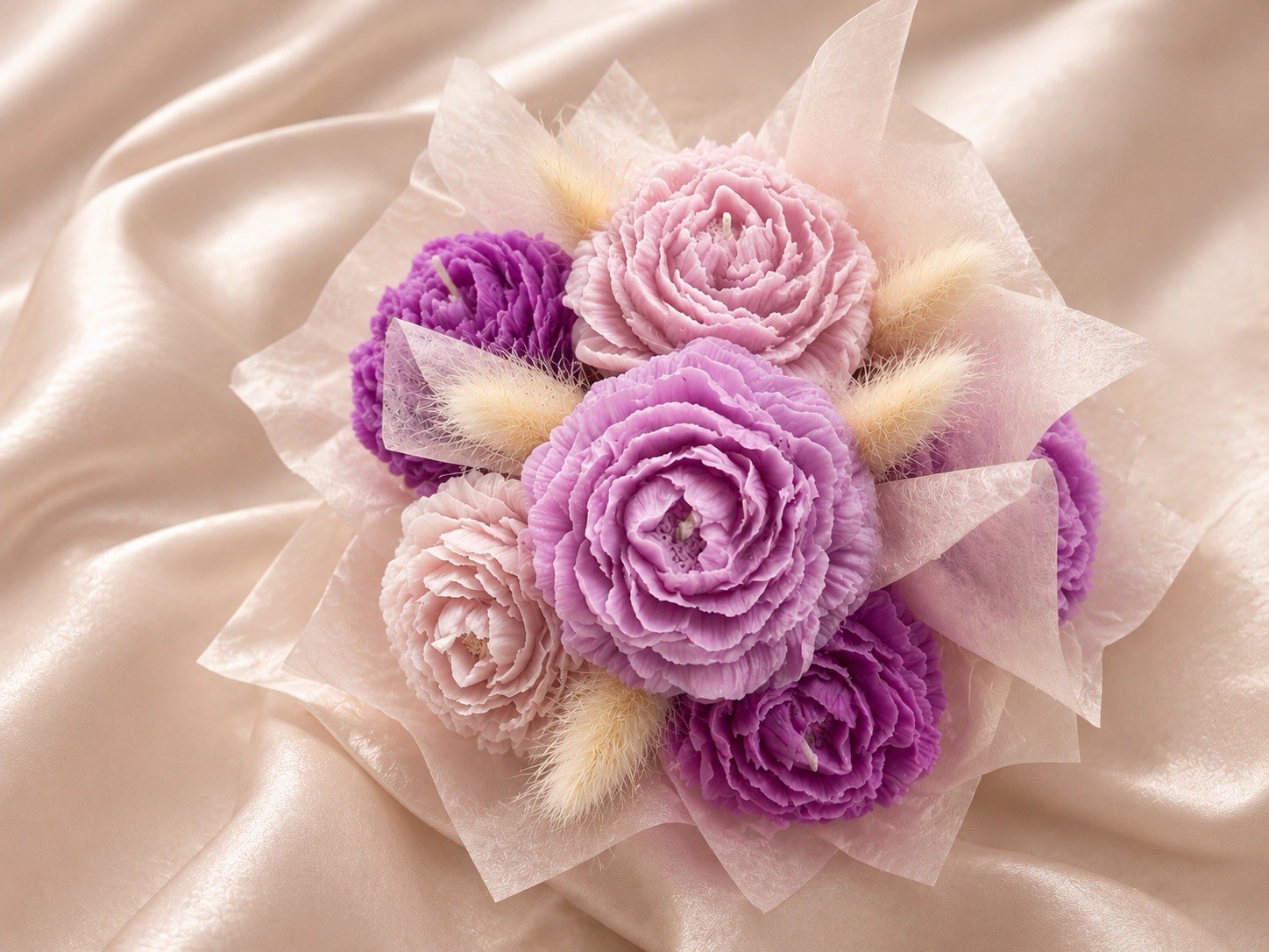 Candle Flower Arrangement Centerpiece Hat Box Purple Pink White Floral