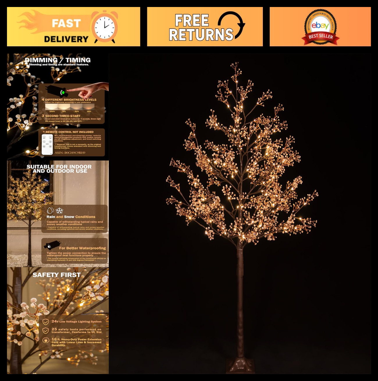 5ft Lighted Baby’s Breath Tree, 128 Dimmable Warm White LED Lights, Indoor/Outdo
