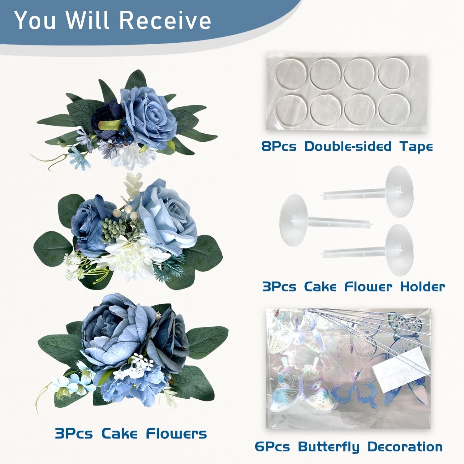 Pre-Made Dusty Blue Silk Flowers for Cakes Decorations Navy Royal Blue Artifi…