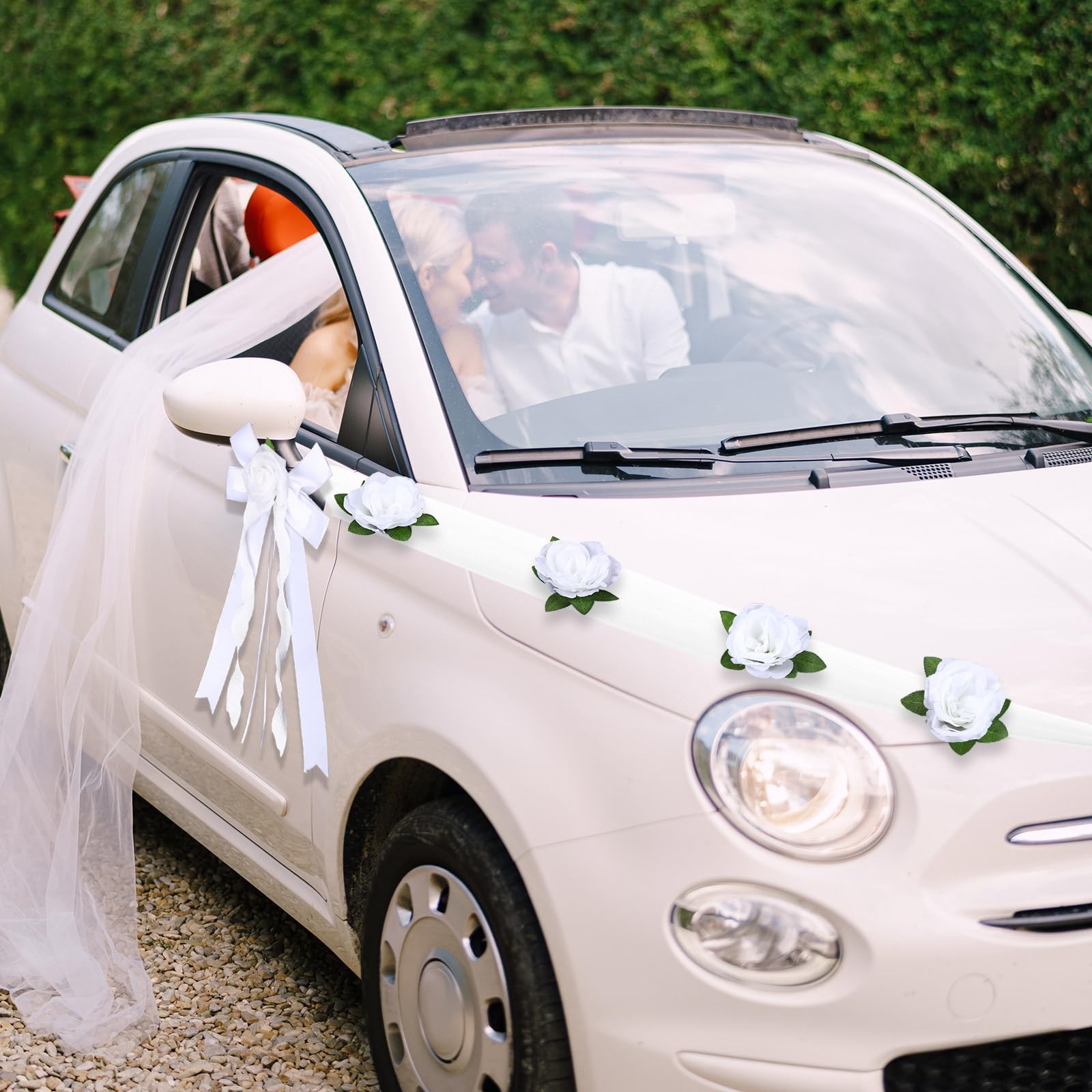 Just Married Car Decorations Wedding Door Handle Flowers White Bouquet Ribbon