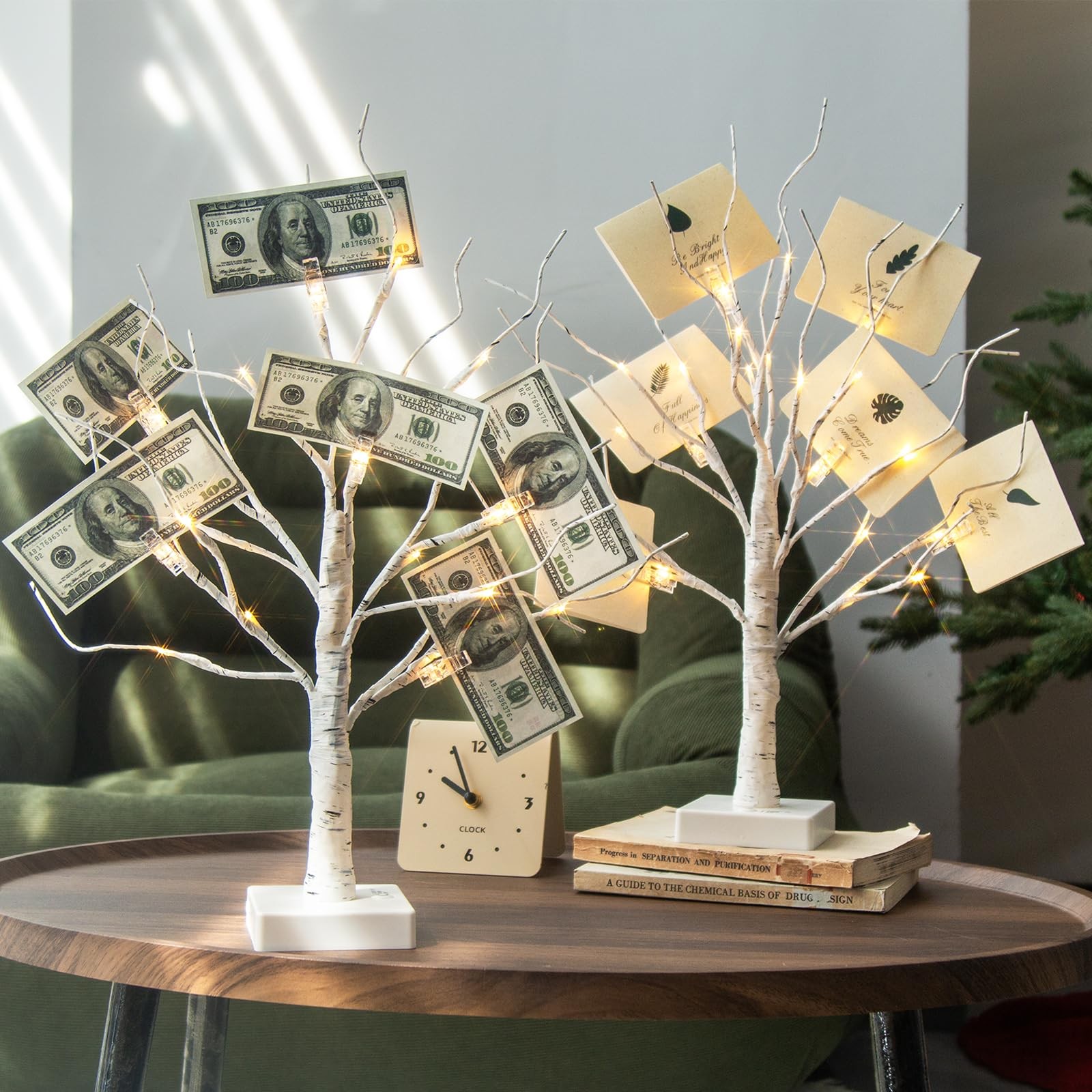 Money Tree Gift Holder, Set of 2 Birch Tree with 12 Clear Clips, Battery/USB …