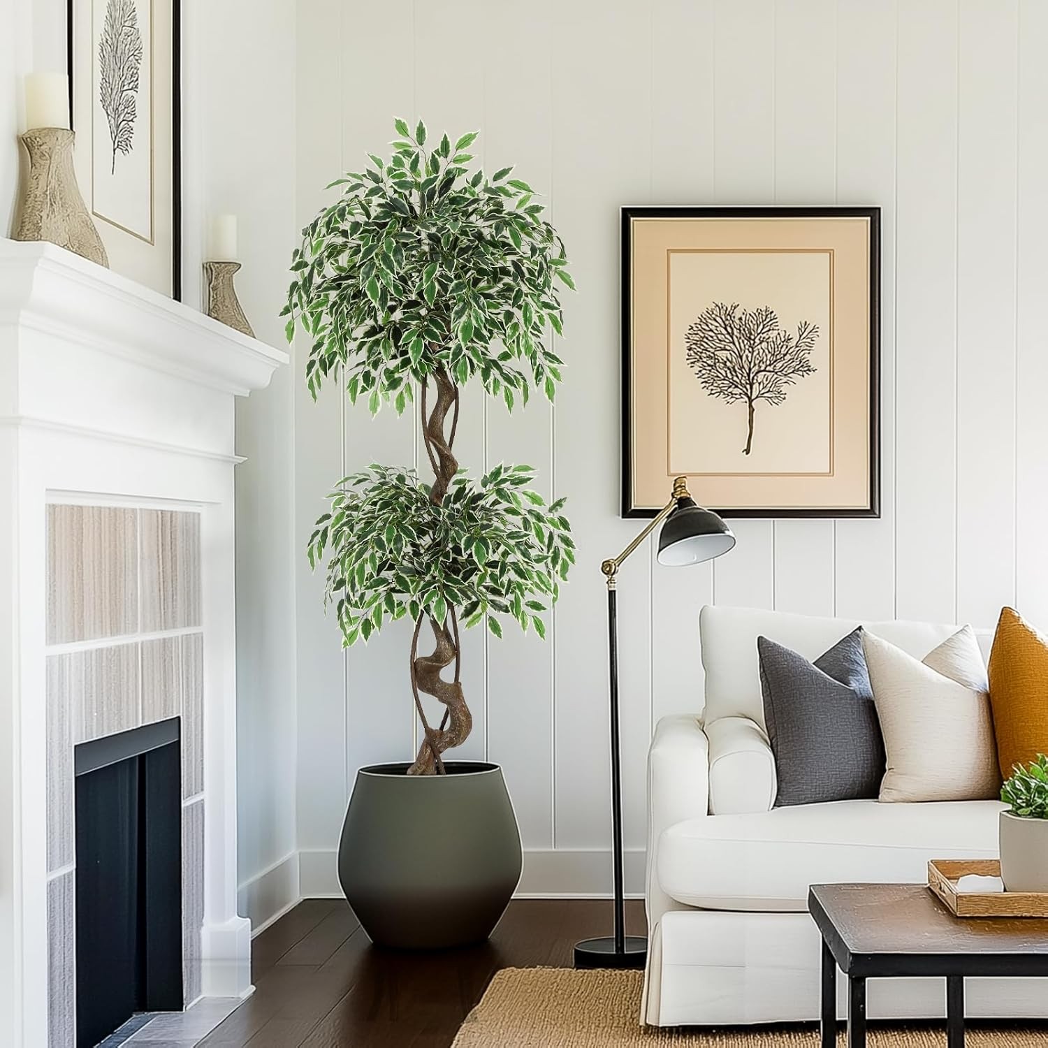 GRAVEE 5ft Artificial Ficus Tree Tall Fake Indoor Plant White Planter Pebbles