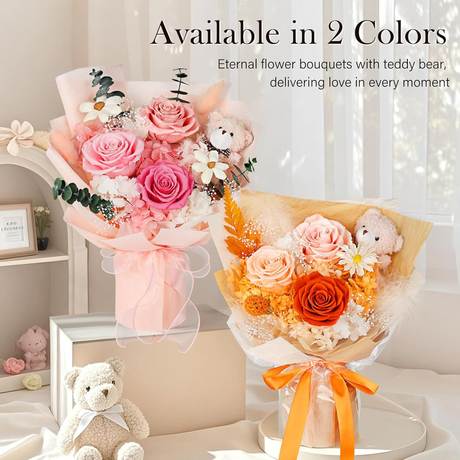 Preserved Flowers Bouquet with Bear, 3 Real Forever Flowers for Delivery, Long-L