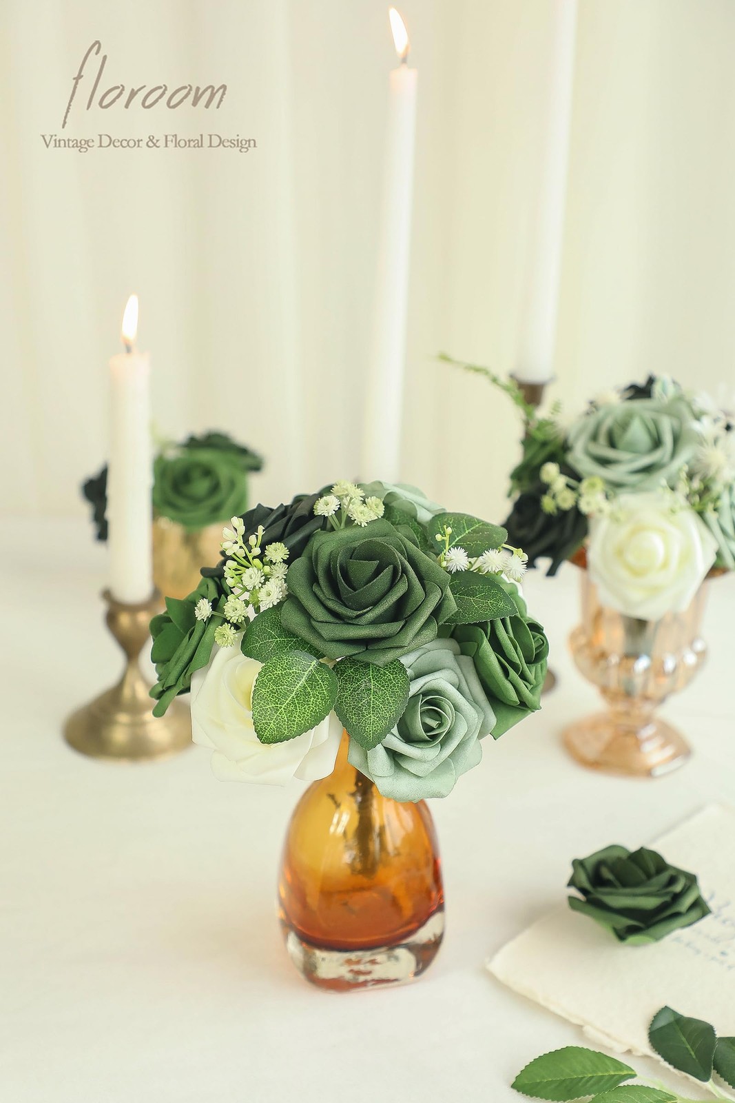 Artificial Flowers 25pcs Real Looking Forest Green Ombre Colors Foam Fake Ros…