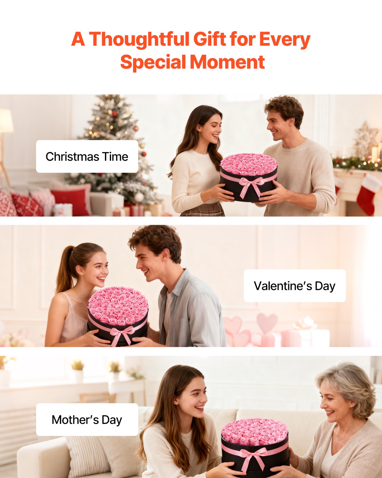 VEVOR Forever Flowers 50 Preserved Roses Round Box Eternal Bouquet Sweet Pink