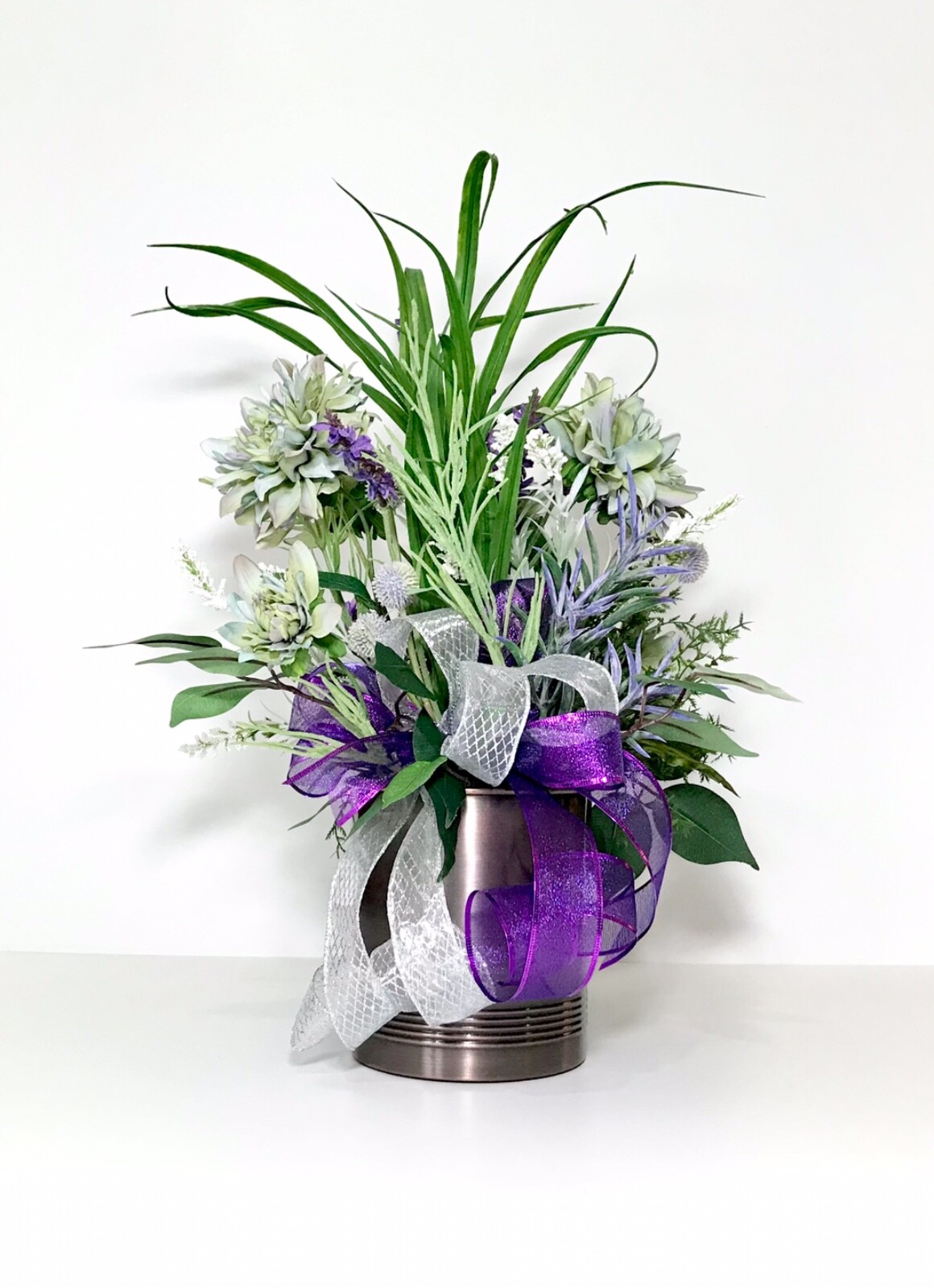 LARGE PURPLE GREEN FLORAL SPRING ARRANGEMENT BRONZE METAL CONTAINER CENTERPIECE