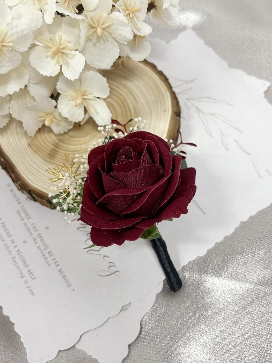 Burgundy Rose Corsage Boutonniere Set Baby’s Breath Wedding Prom Decorations