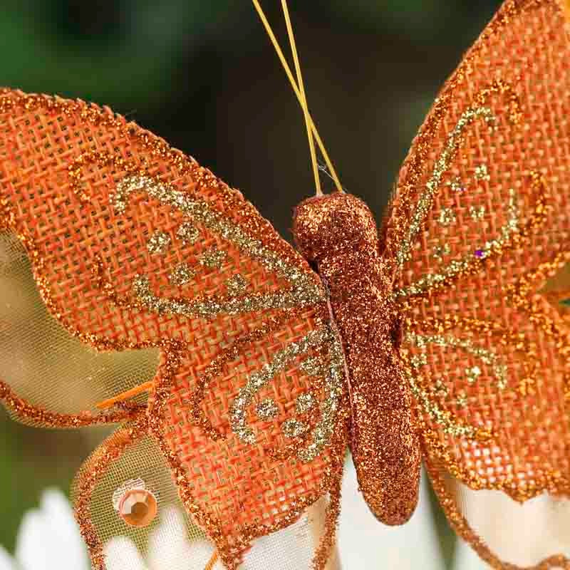 12 Orange Sparkling Glitter & Rhinestone Burlap Artificial 5-1/4″ Butterflies