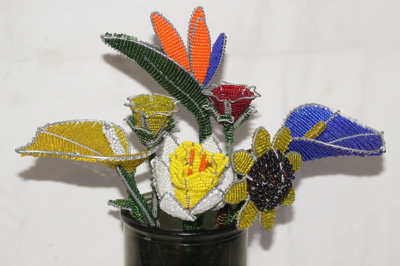 7 Beaded Flowers by Job Guwhe. Roses, Lillies, Sunflower, Daffodil, Strelitzia