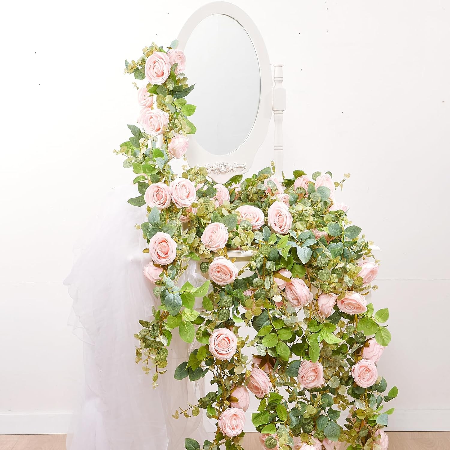 8 Pcs 8.2′ Artificial Rose Garland, Pink Flower Vine Faux Hanging Decor