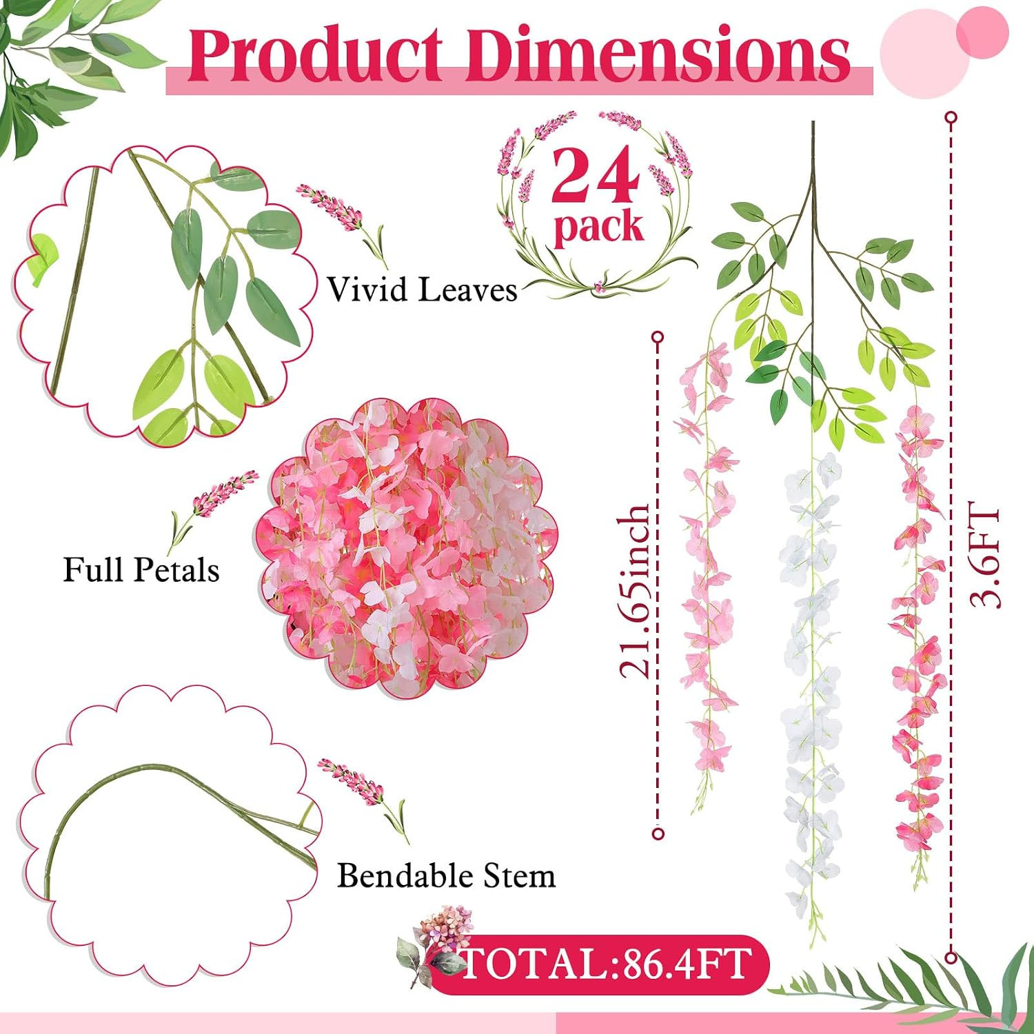 24 Pcs Artificial Wisteria Flower Vine Garland for Wedding & Home Decor