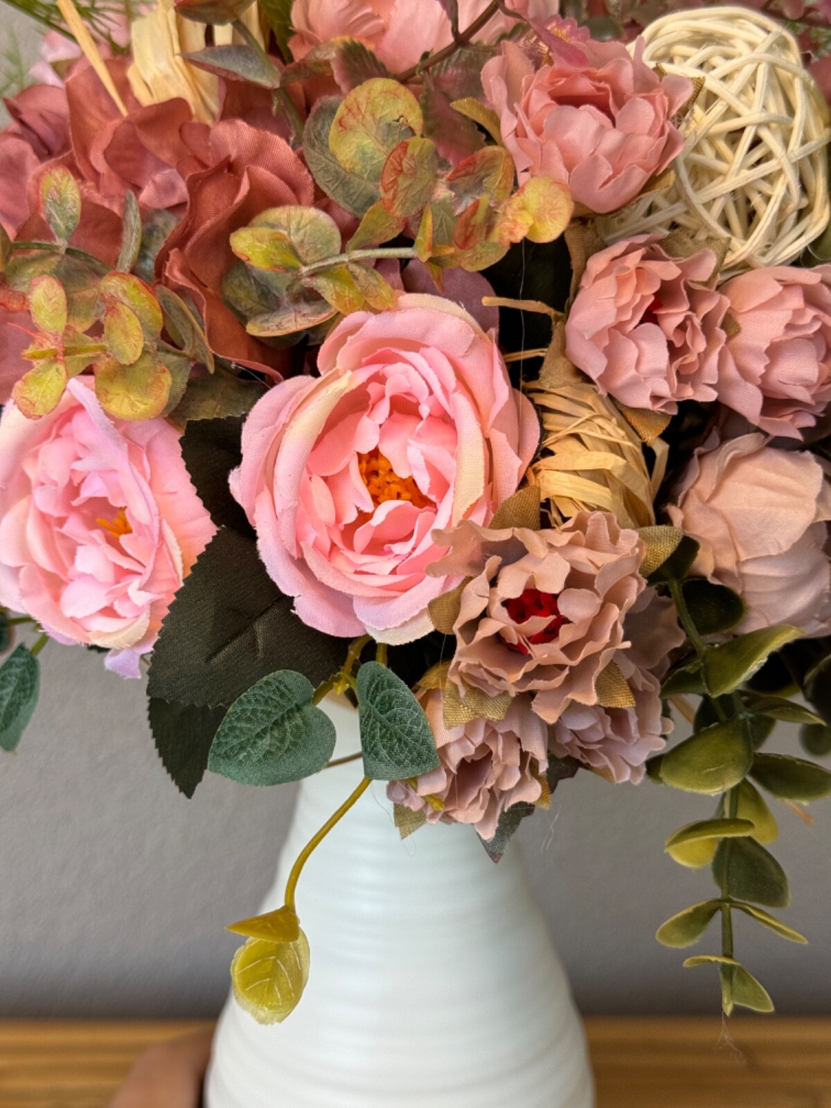 Soft pink flower arrangement in a vase , width 12’, height 14’, home decor