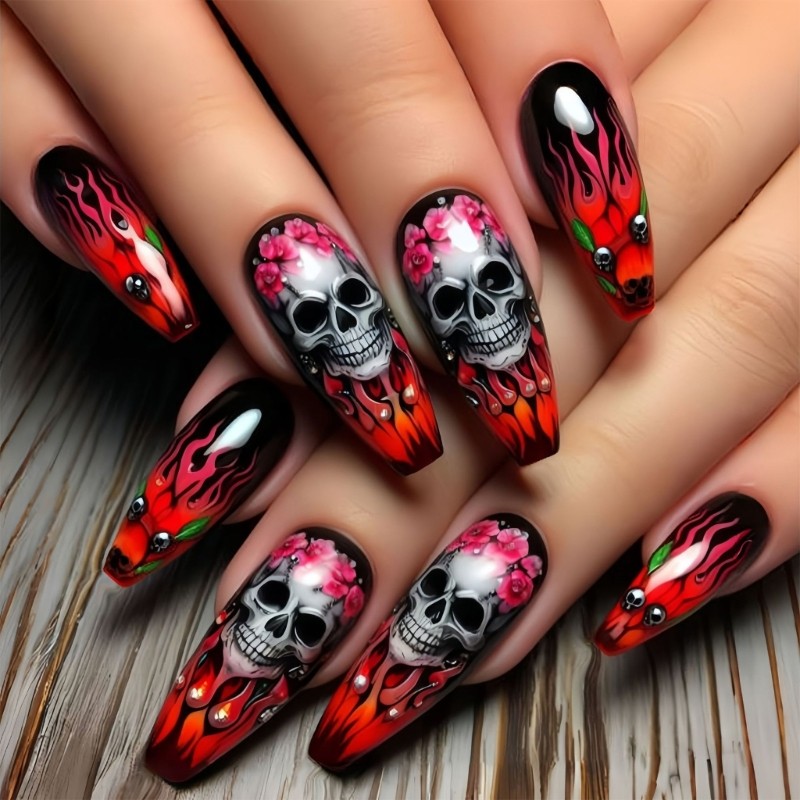 Halloween Red Skull Floral Fake Nail Festive Fake Nail Red Rose Pattern