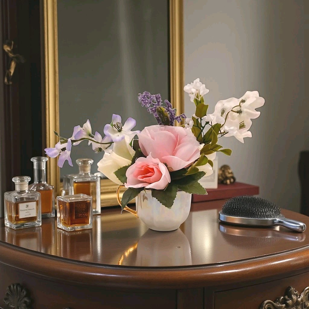 Tea Party Floral Arrangement Pink White Roses POP-IN Bridal Vanity Elegant Gift