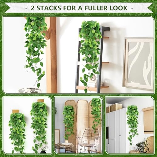 -Pack Fake Hanging Plants, Faux Hanging Plant 2 Green Pothos Ivy Vines