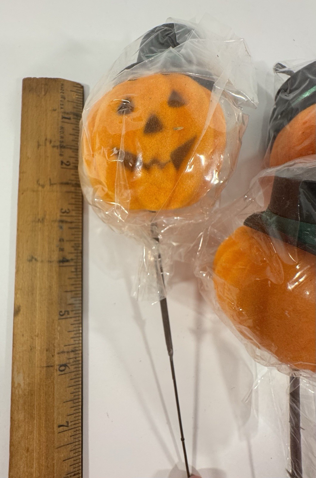 Halloween Floral Picks Pumpkin Face Blow Mold Flocked Jack-O-Lantern & Witch