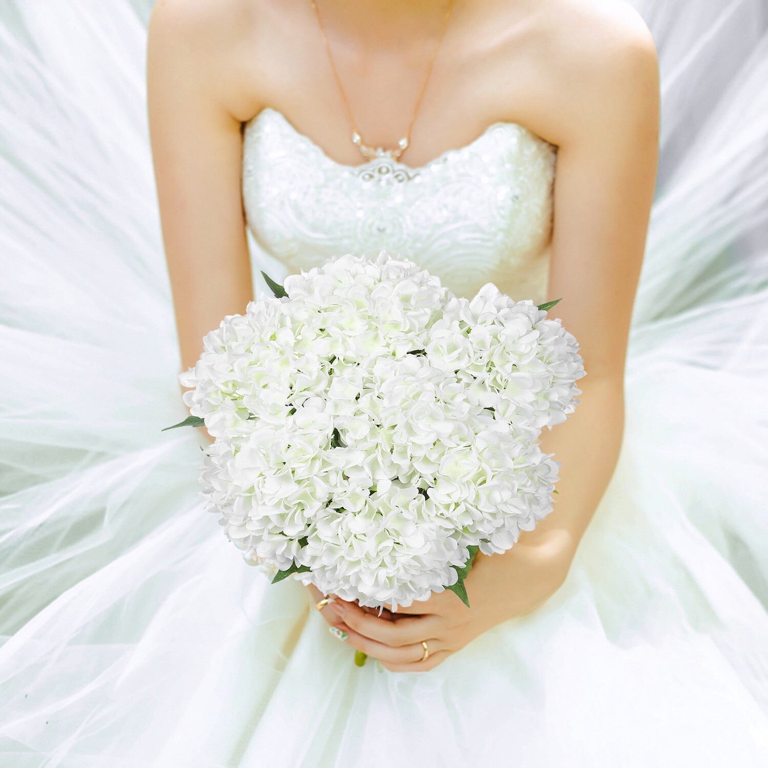 EZFLOWERY 5 Pcs Artificial Silk Hydrangea Flowers 18” Bouquet Arrangement White
