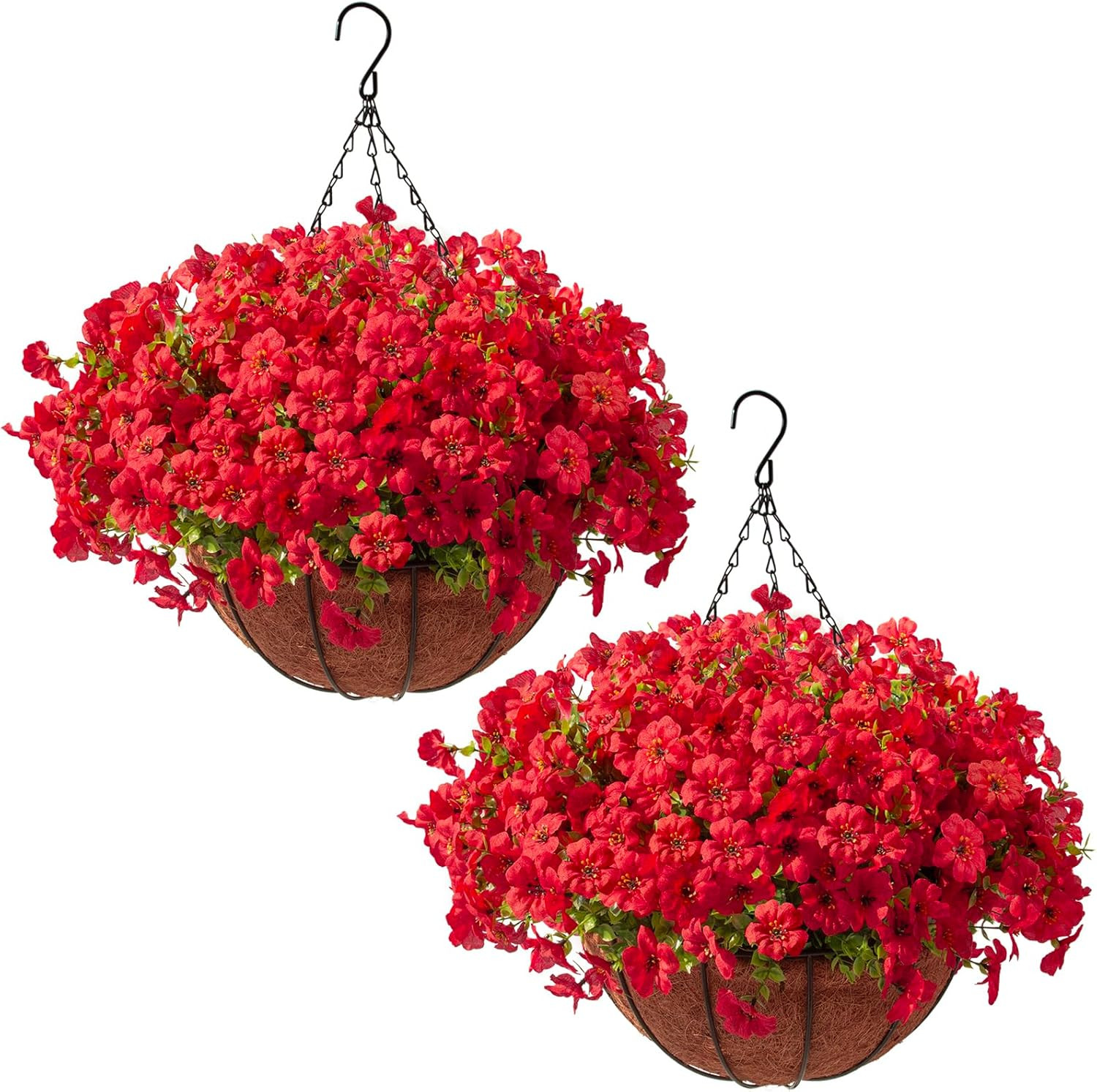 24 Pcs Red Artificial Flowers in Hanging Baskets for Outdoor Decor – 2 Pack
