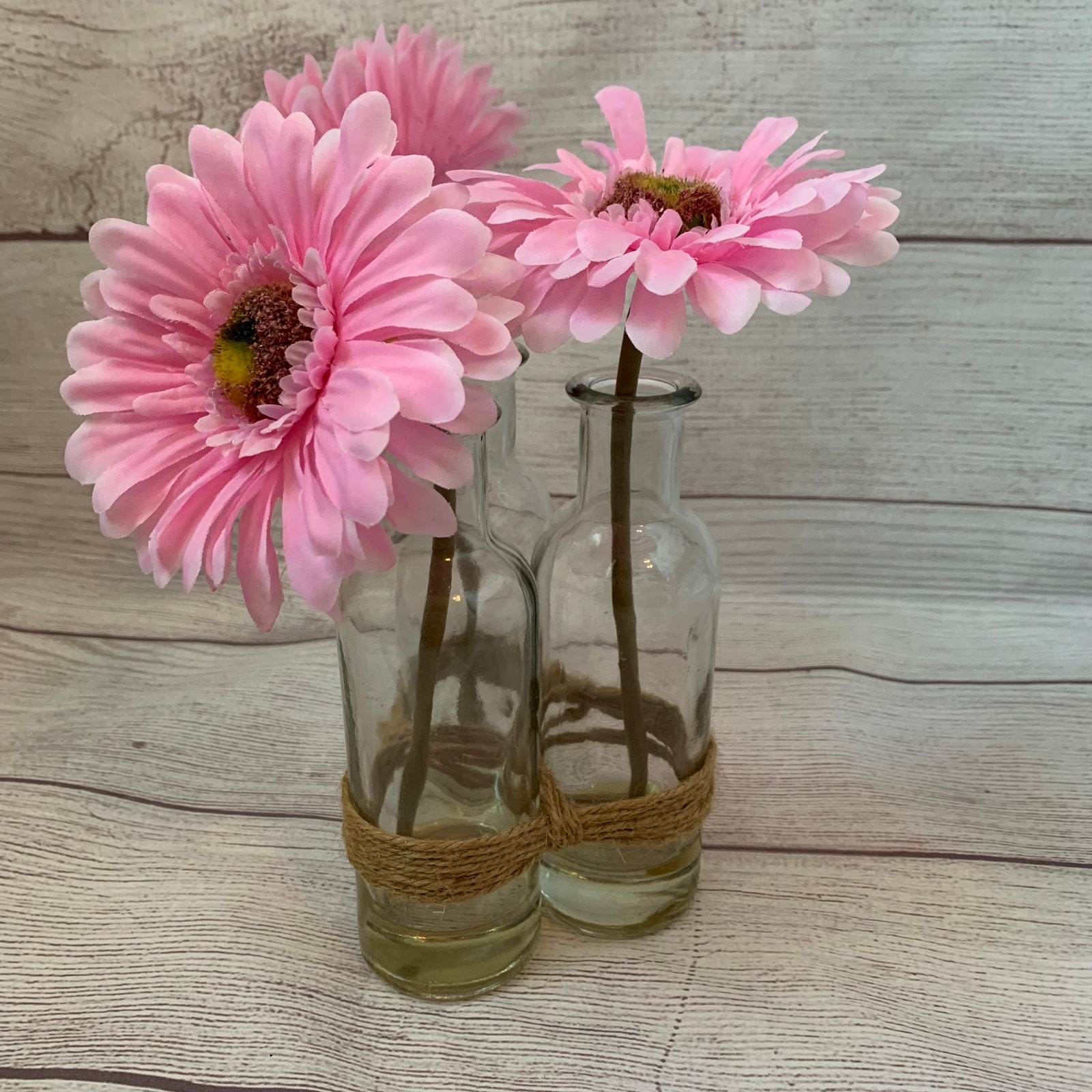 Artificial Pink Gerbera Daisies in Bottles and Twine String Faux Glued Water 9″H