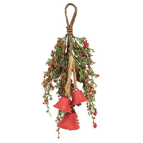 New Primitive Farmhouse Christmas CEDAR RED BERRY BELLS TEARDROP SWAG Wreath