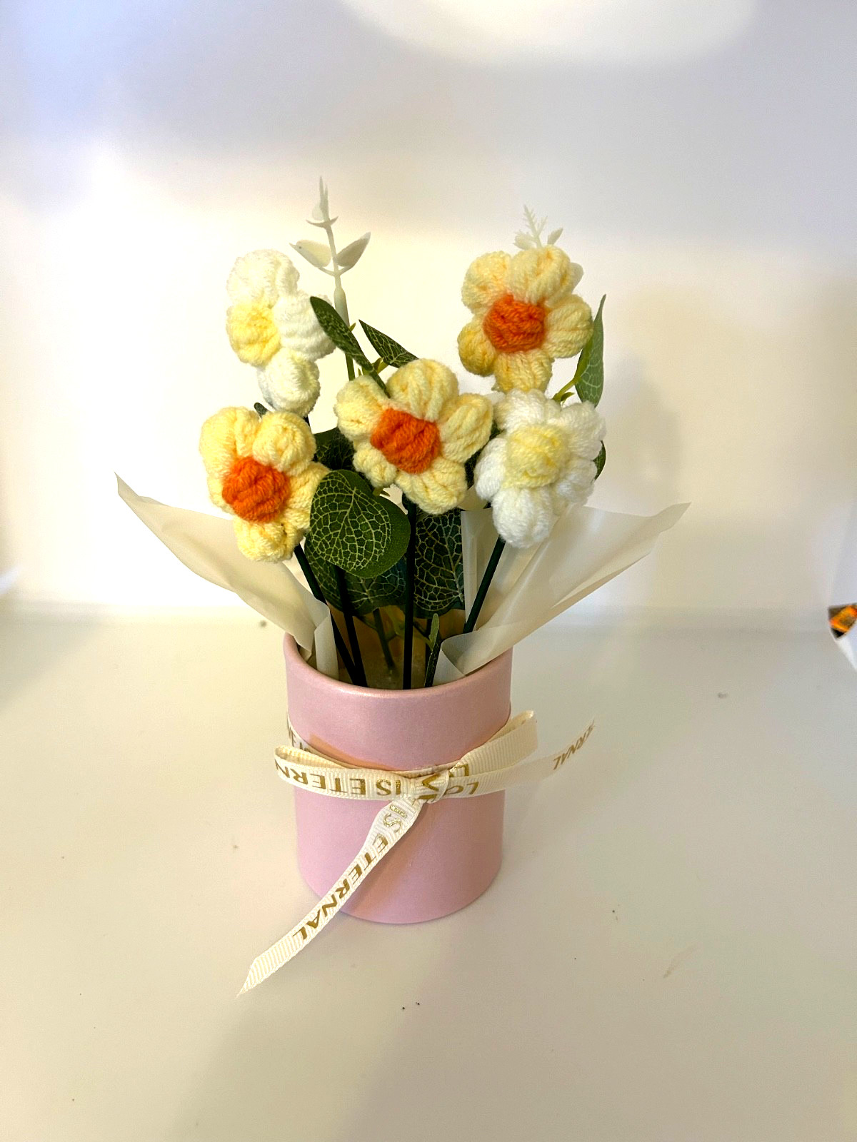 Knitted White/Lt Yellow Flower Bouquet “Love is Eternal” Ribbon All Occasion