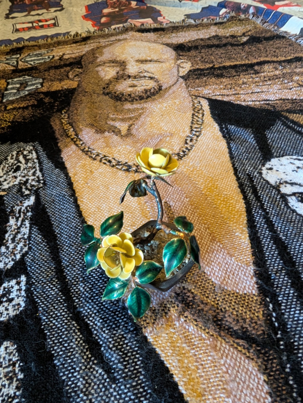 Metal Rose Bush Enameled Yellow Roses And Leaves In Planter With Natural Stone