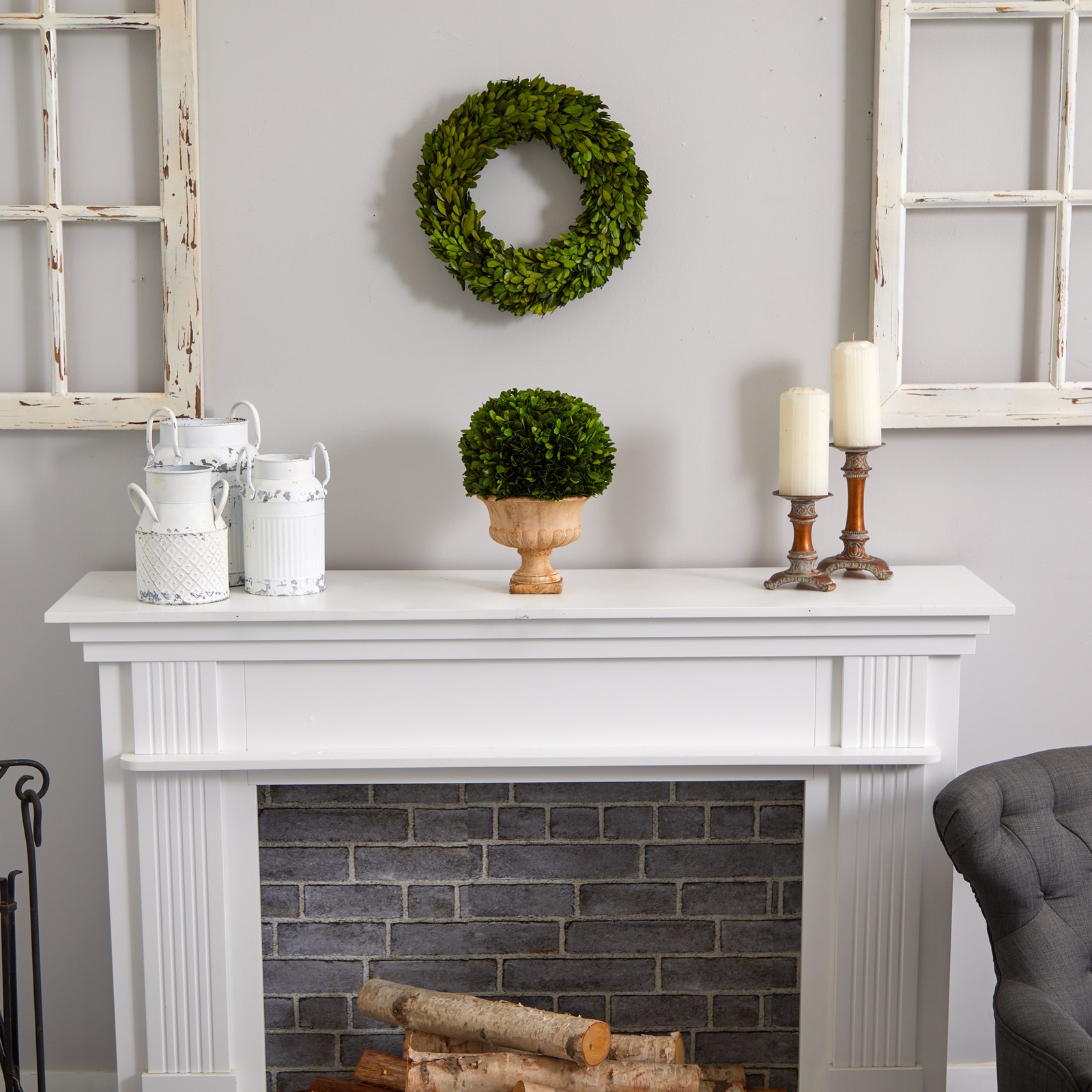 Nearly Natural 12″ Boxwood Topiary Ball Preserved Plant in Decorative Urn