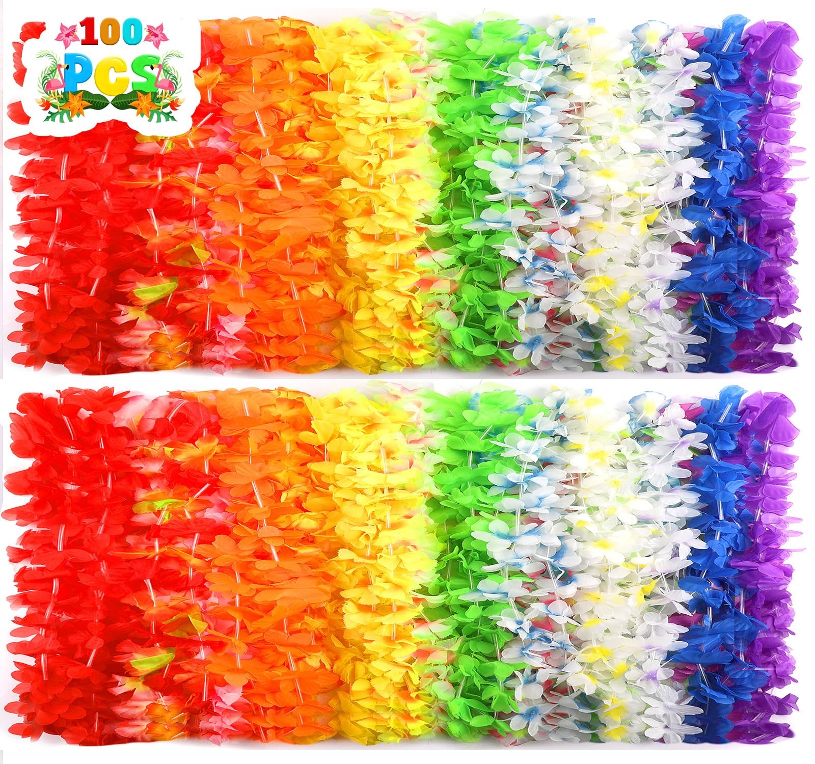 100 PCS Hawaiian Leis Bulk Colorful Tropical Flower Necklace for Luau Party D…